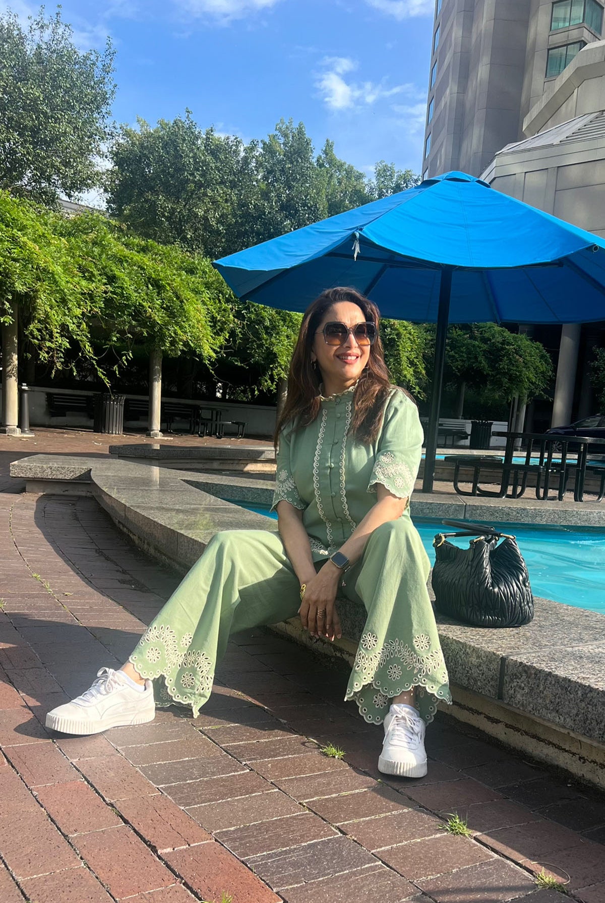 Madhuri Dixit in Calling June Caper Co-ord Set light olive green