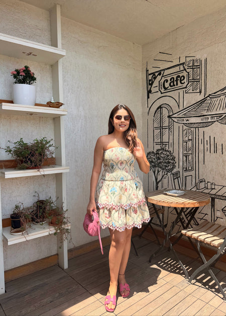 Simran Luthria in Apricot Mini Dress