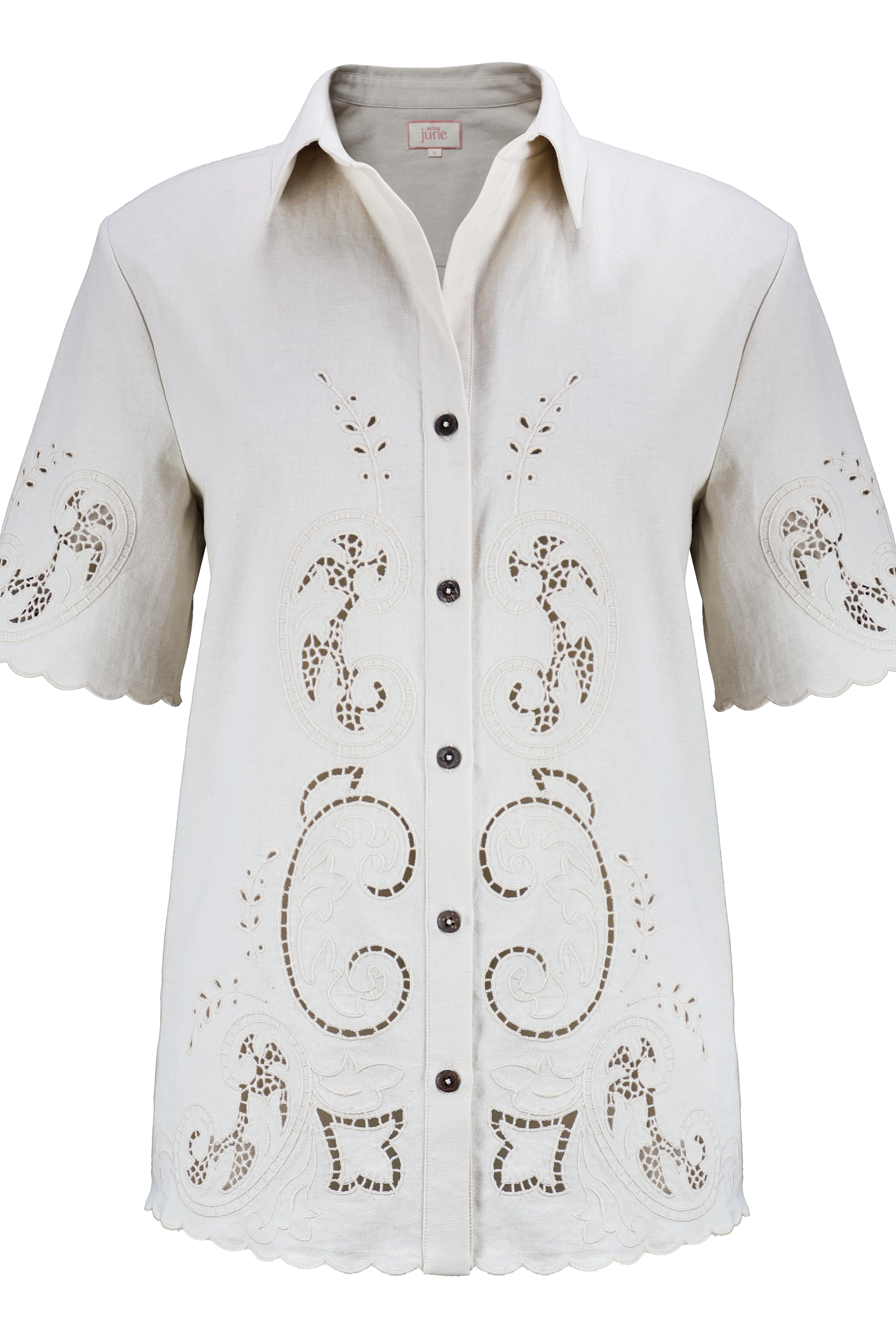 White blouse with decorative patterns on a white background Calling June