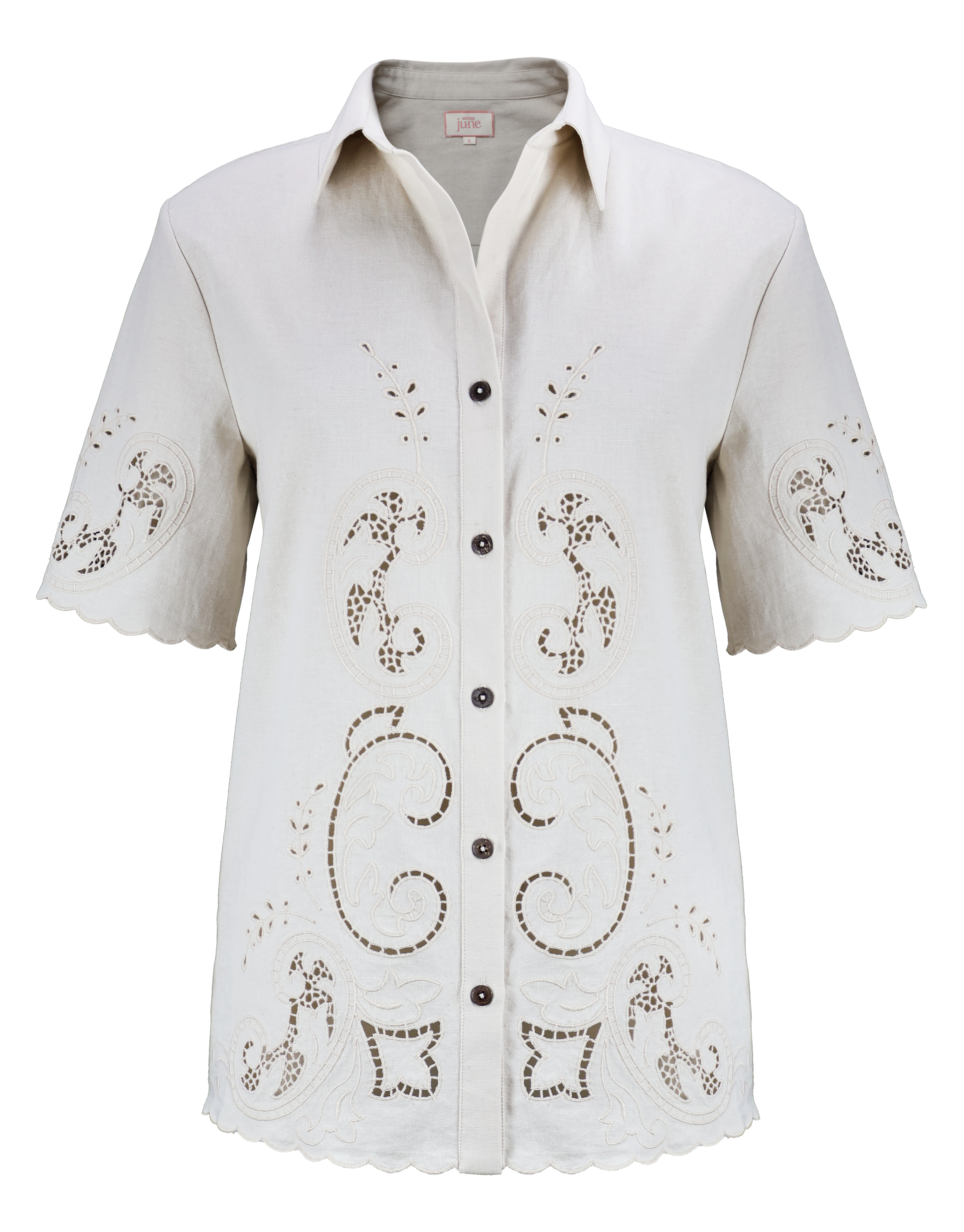 White blouse with decorative patterns on a white background Calling June