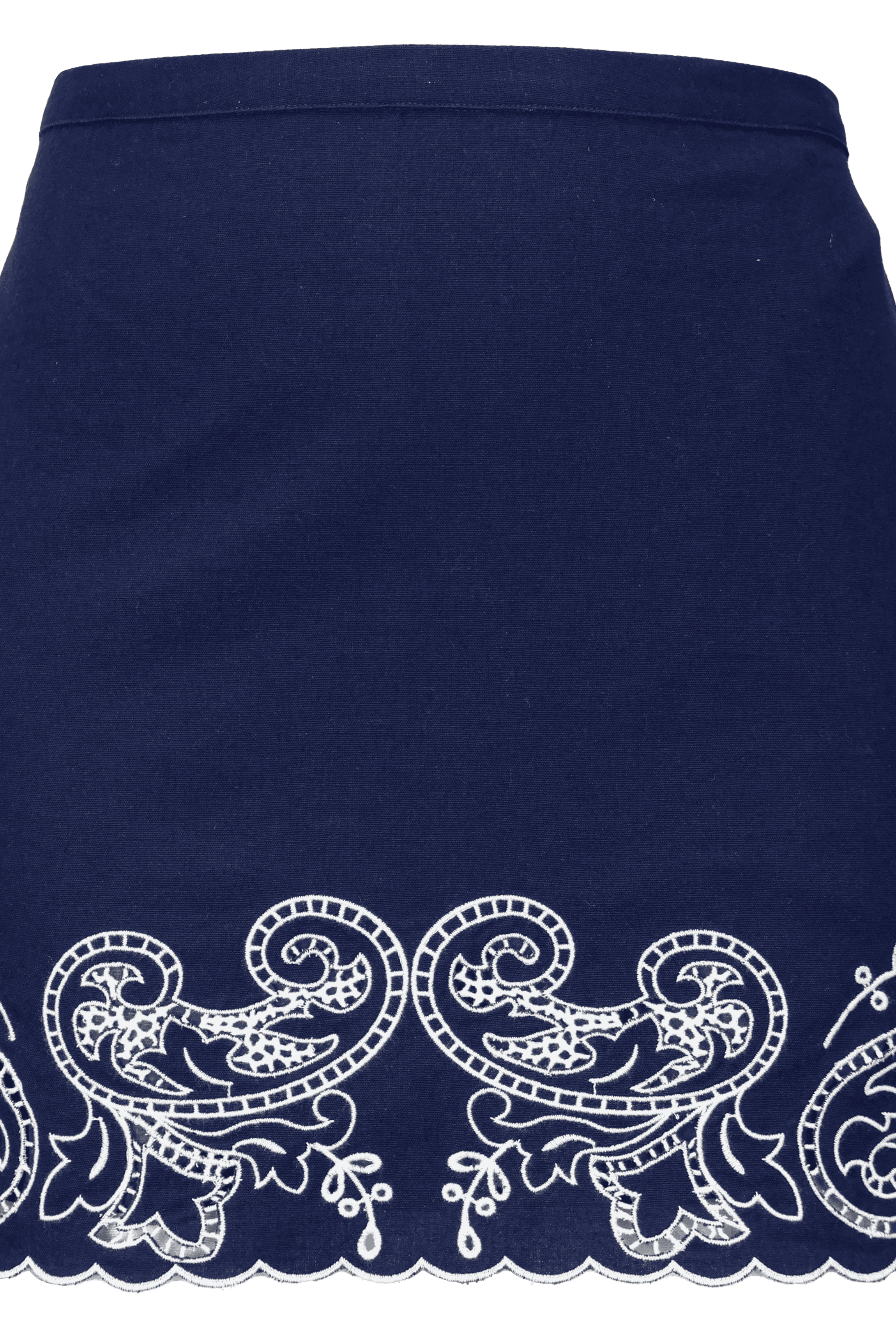 Navy blue skirt with white lace trim on a transparent background Calling June