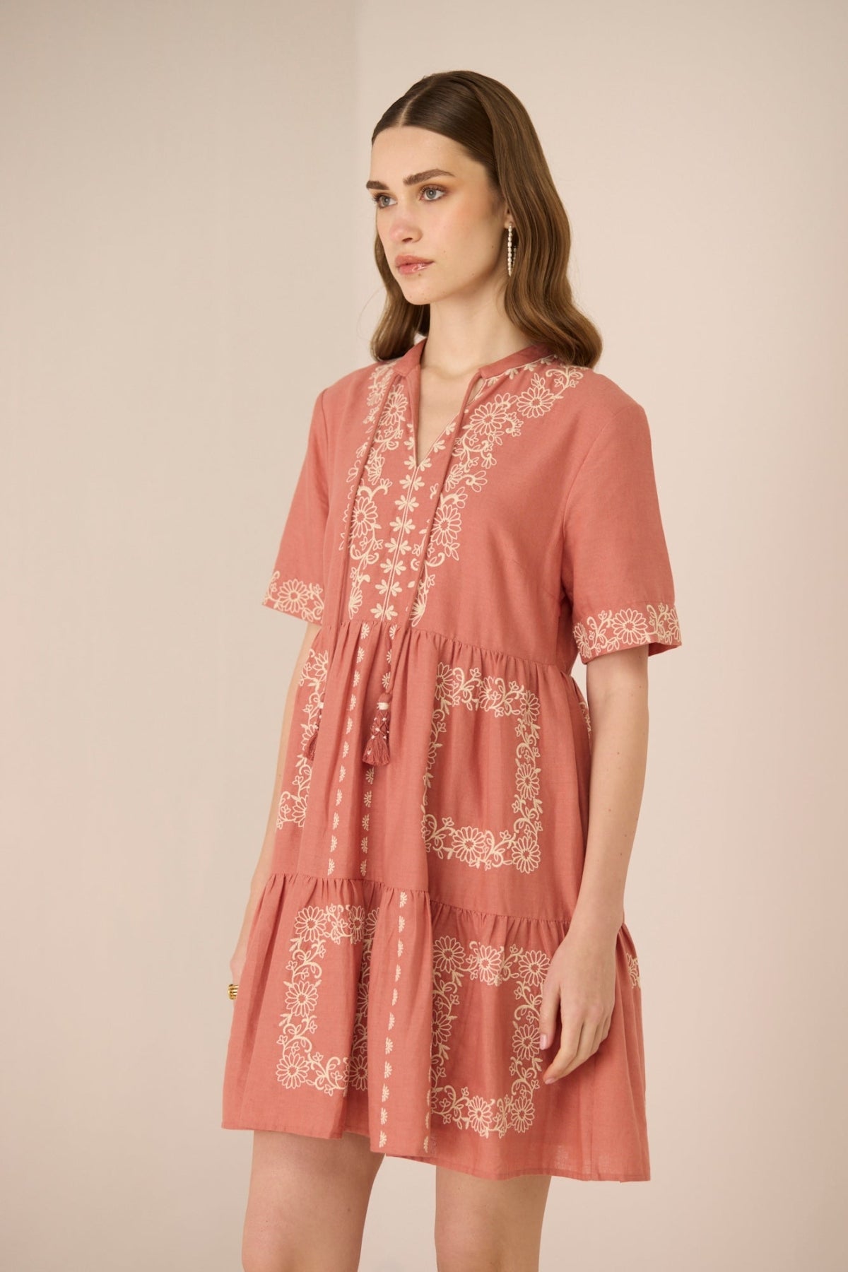 Woman wearing a pink dress with embroidery on a beige background Calling June