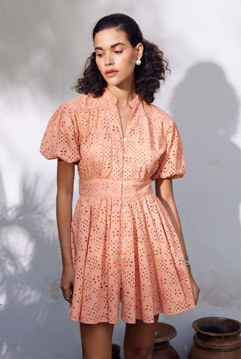 Marah Schiffli Peach Mini Dress - Calling June India