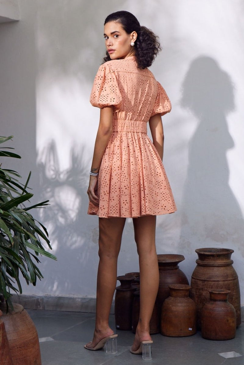 Marah Schiffli Peach Mini Dress - Calling June India