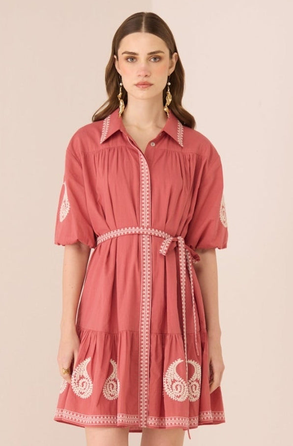 Woman wearing a pink dress with white embroidery on a beige background Calling June
