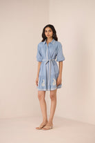 Woman wearing a light blue dress with a belt on a beige background Calling June