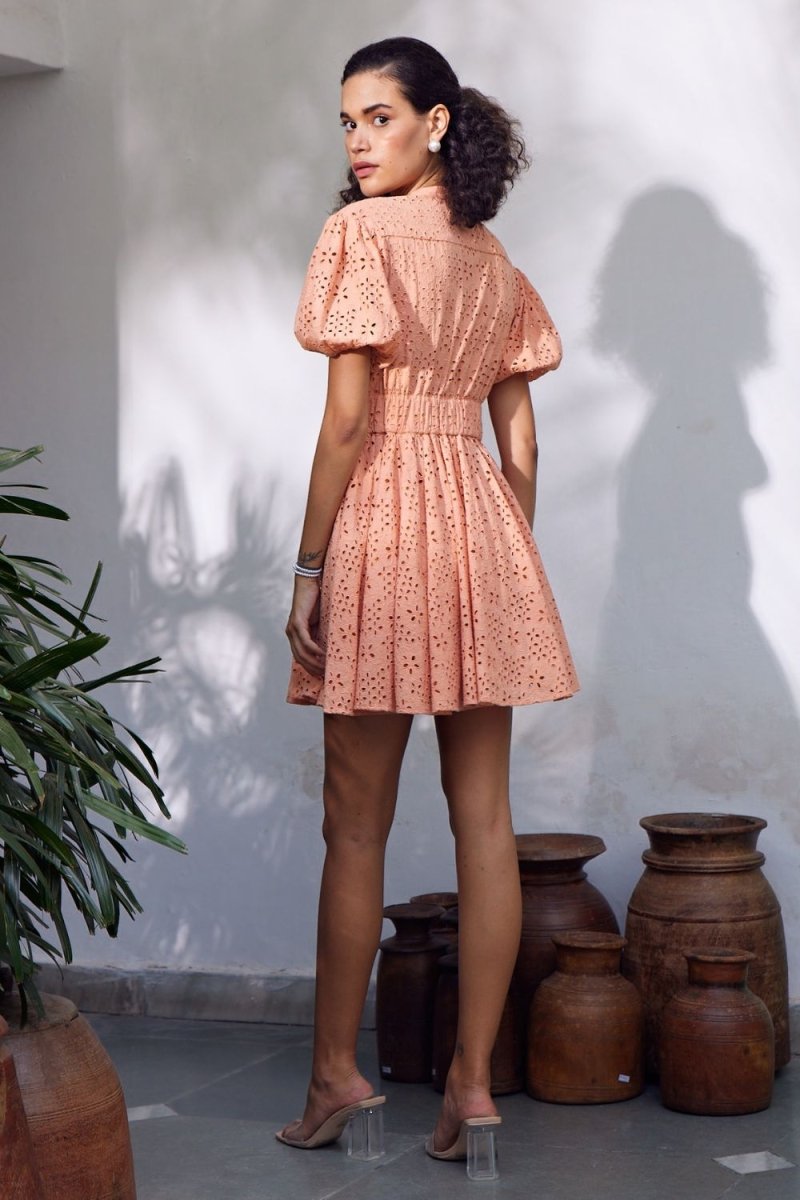 Marah Schiffli Peach Mini Dress - Calling June India